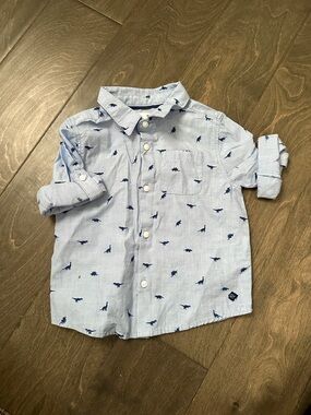 Zara Light Blue Button-Down Shirt with Navy Dino Motif